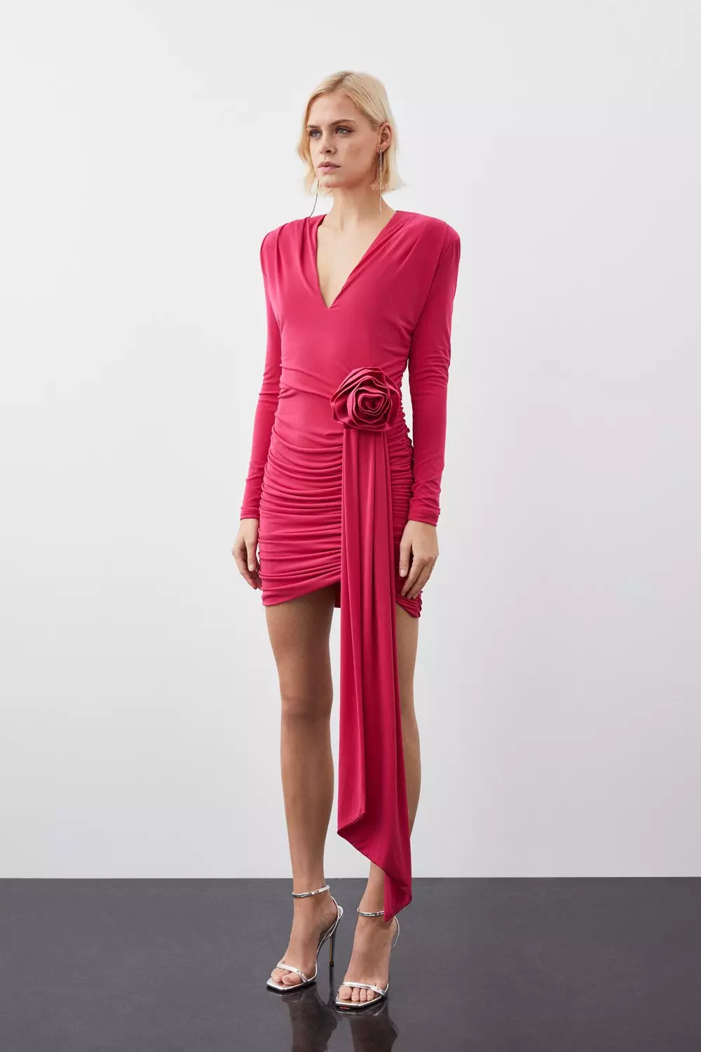 Long Sleeve Drapey Ruched Jersey Rosette Mini Dress Karen Millen