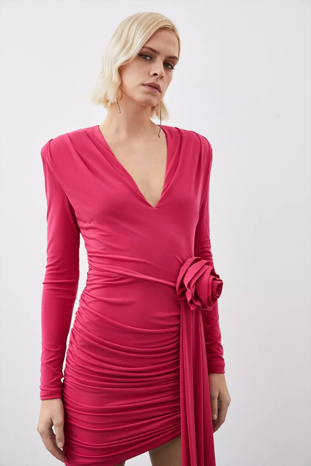 Long Sleeve Drapey Ruched Jersey Rosette Mini Dress Karen Millen