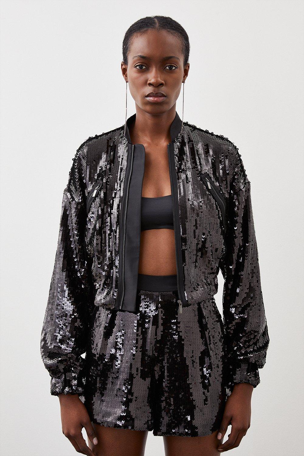 Black Sequin Woven Bomber Jacket