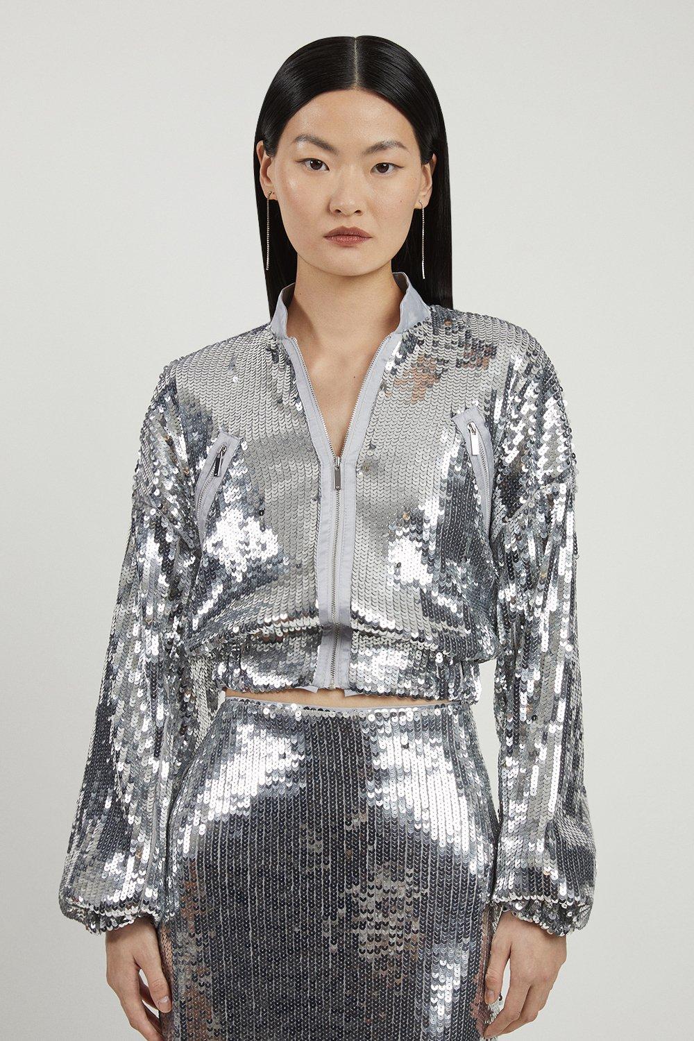 Silver Sequin Woven Bomber Jacket