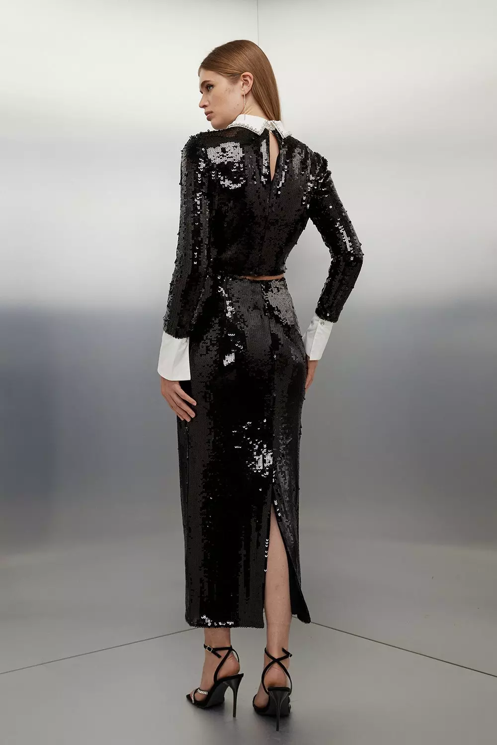 Sequin Front Split Woven Midi Skirt Karen Millen
