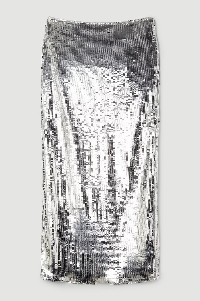 Sequin Front Split Woven Midi Skirt | Karen Millen Sequin Front Split Woven Midi Skirt | Karen Millen