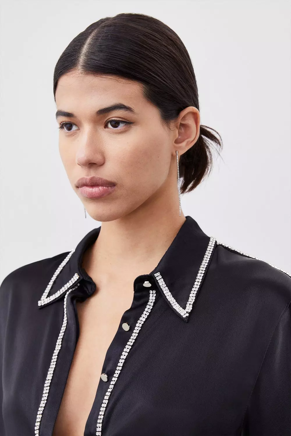 Diamante Trim Viscose Woven Satin Shirt | Karen Millen