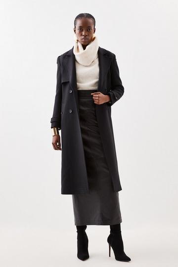 Italian Wool Blend Self Tie Belted Trench Coat black