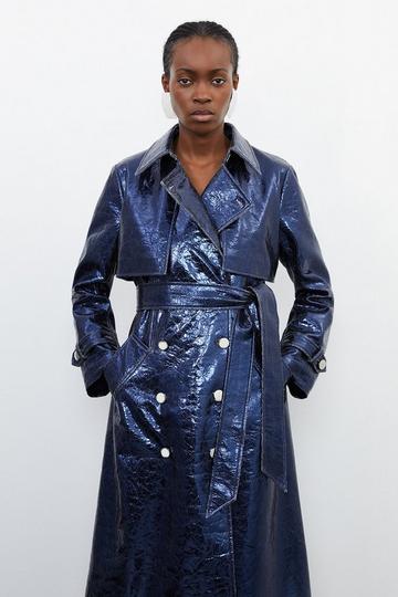 Blue Metallic Faux Leather Belted Trench Coat