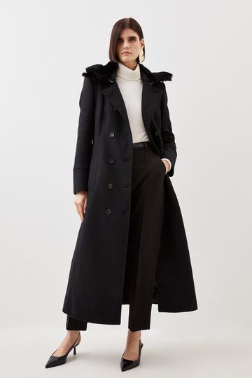 Italian Wool Blend Faux Fur Collar Coat black