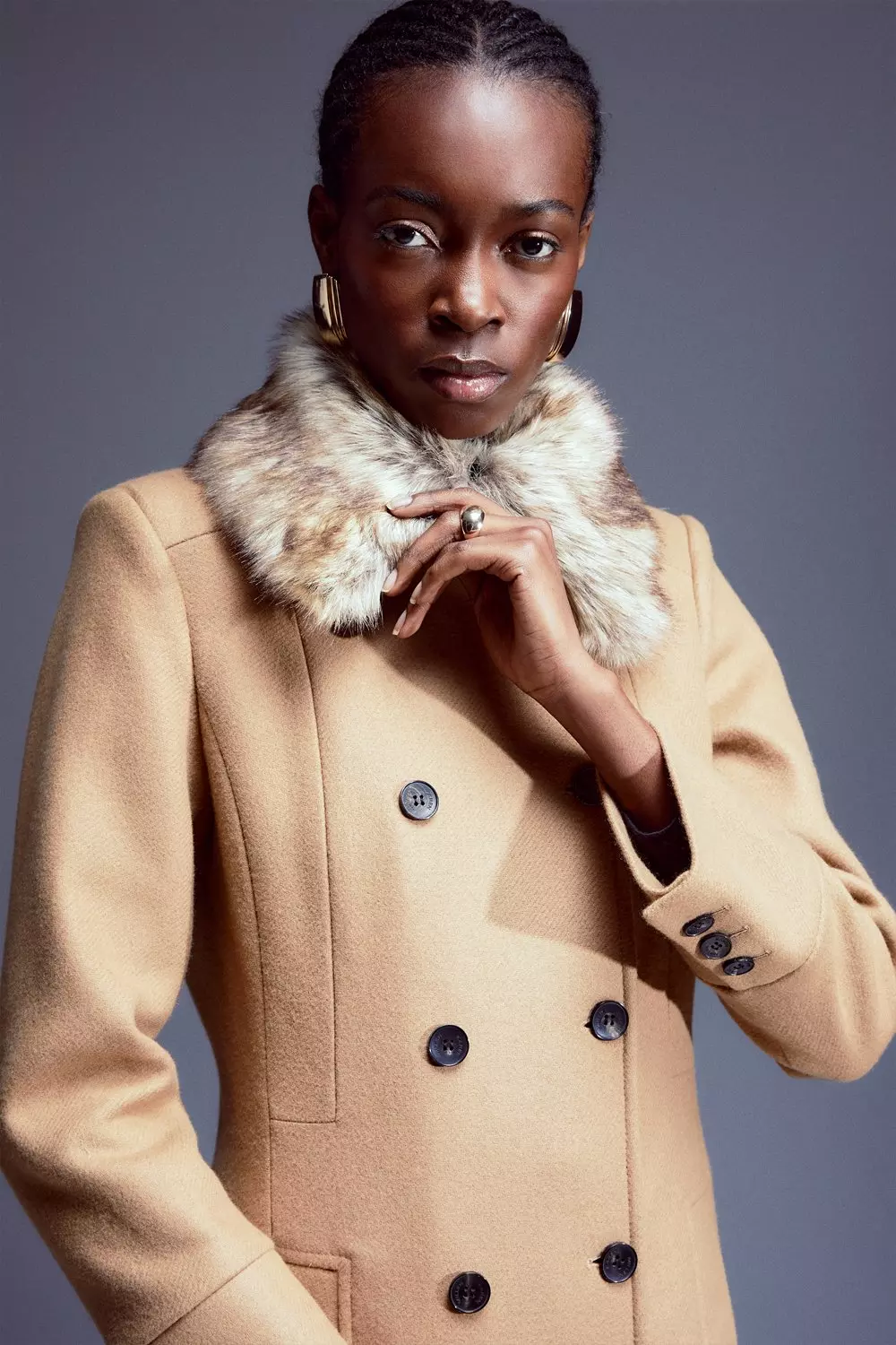 Italian Manteco Wool Blend Faux Fur Collar Coat Karen Millen