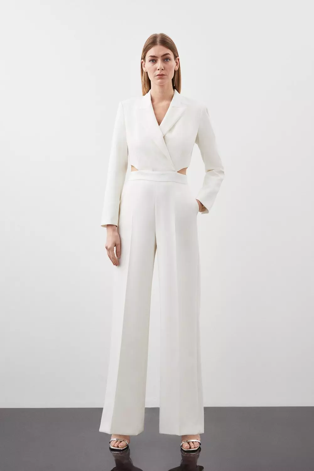 Tailored Compact Stretch Tuxedo Wide Leg Jumpsuit Karen Millen