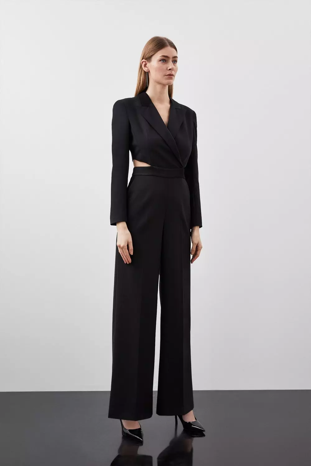 Tailored Wool Blend Tuxedo Wide Leg Jumpsuit | Karen Millen