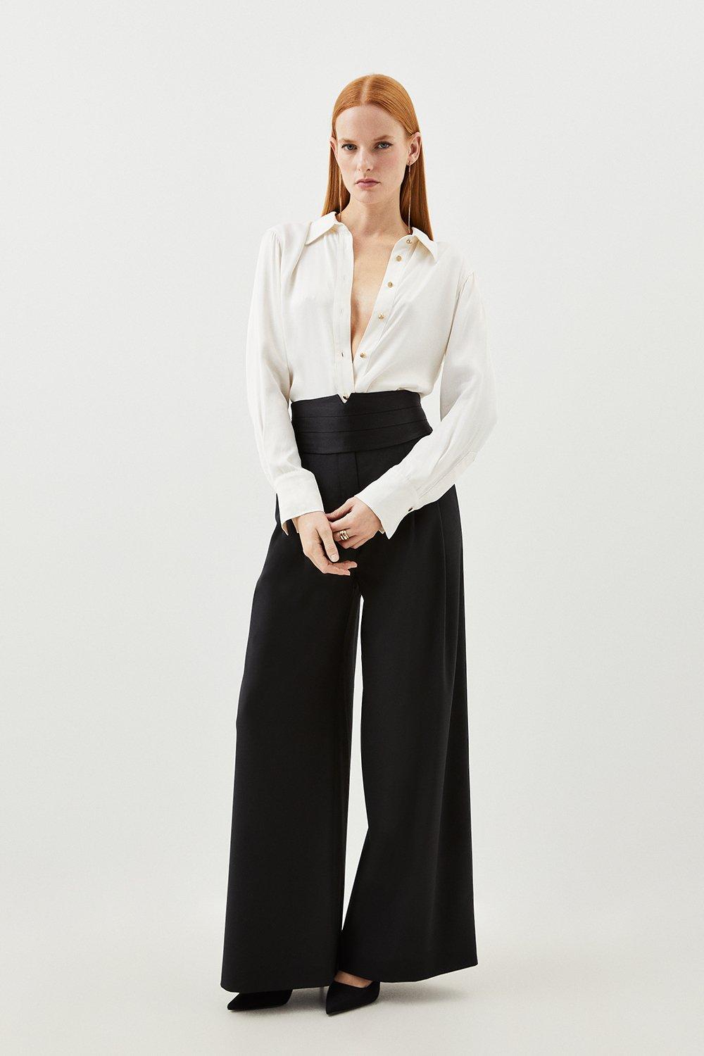 Black Wool Blend Waistband Detail Wide Leg Tailored Trouser