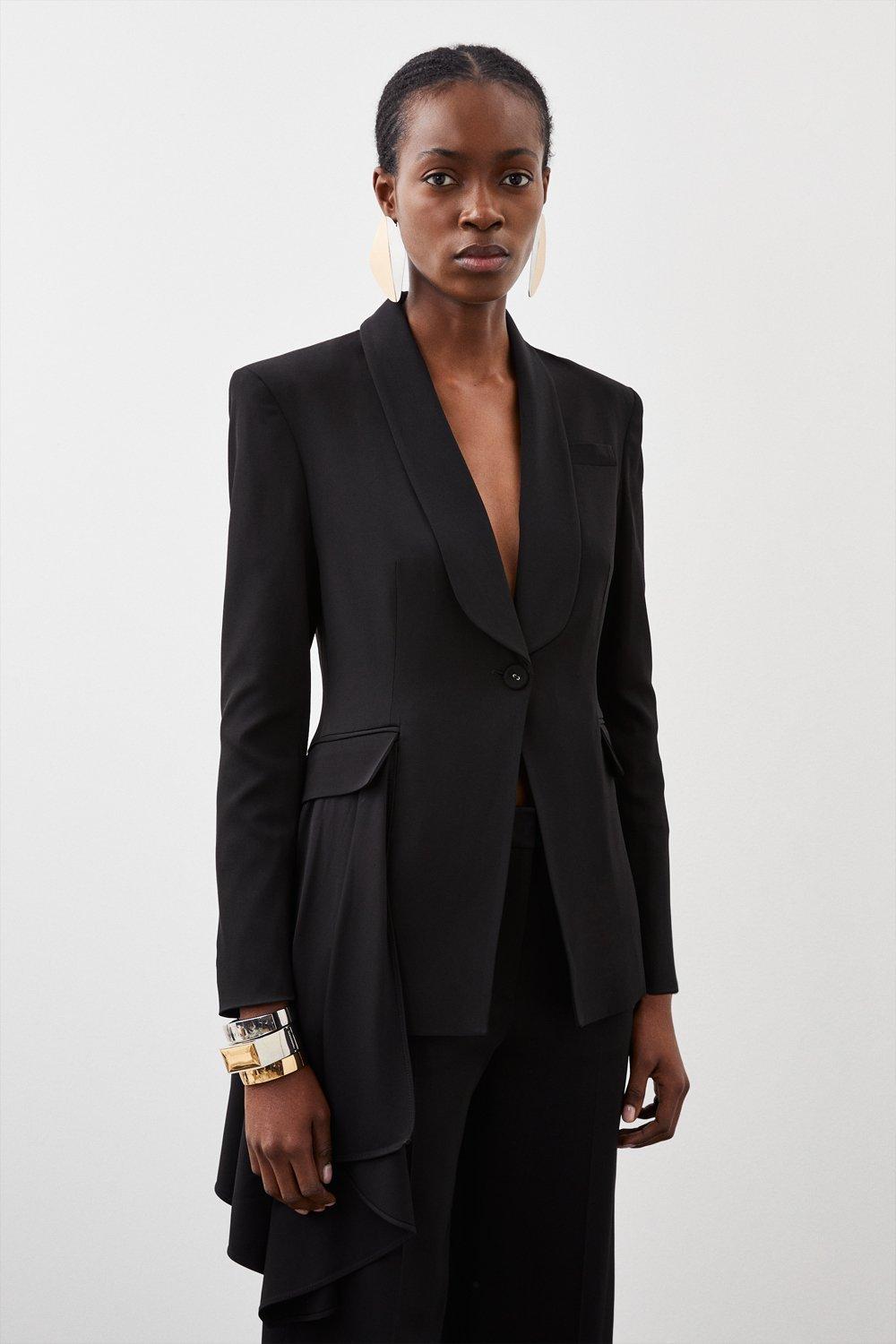 Black Polished Viscose Drape Side Single Breasted Tailored Jacket 