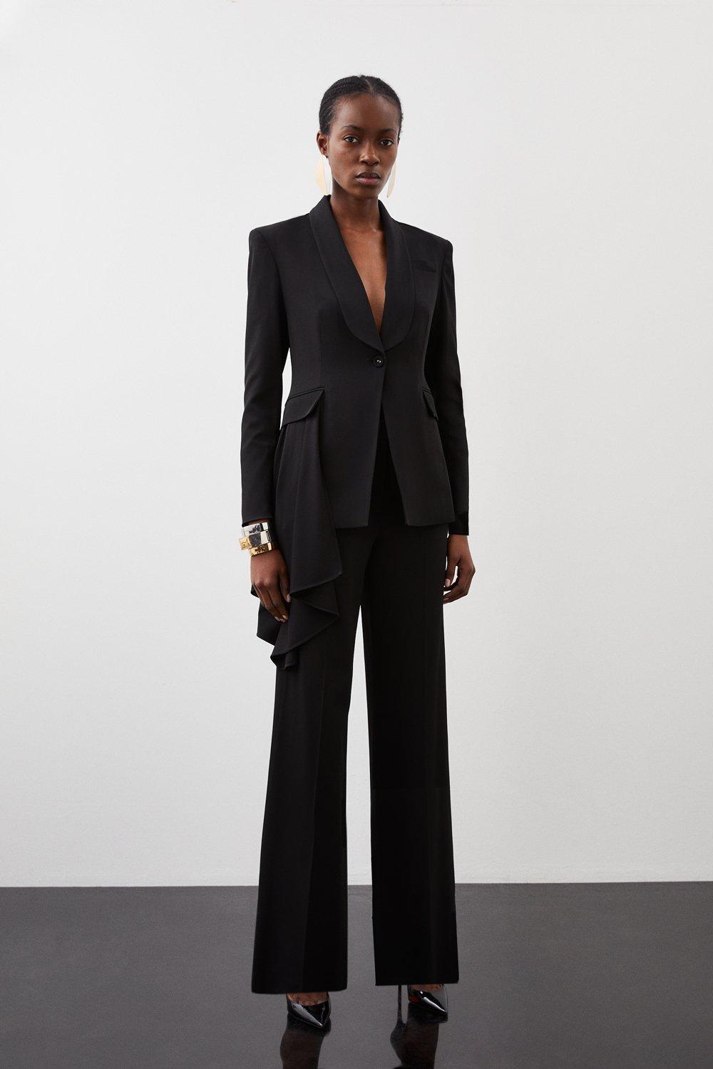 Black Polished Viscose Wide Leg Tailored Trouser 