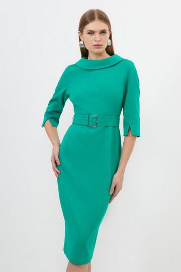 Green Structured Crepe Tailored Roll Neck Pencil Midi Dress