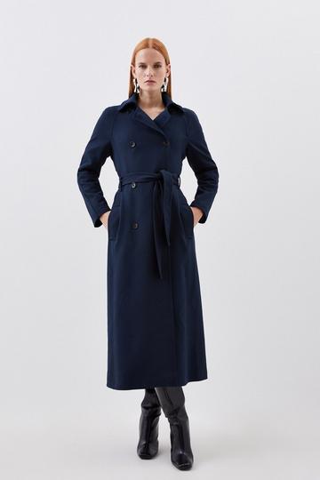 Navy Compact Stretch Double Breasted Button Detail Belted Coat