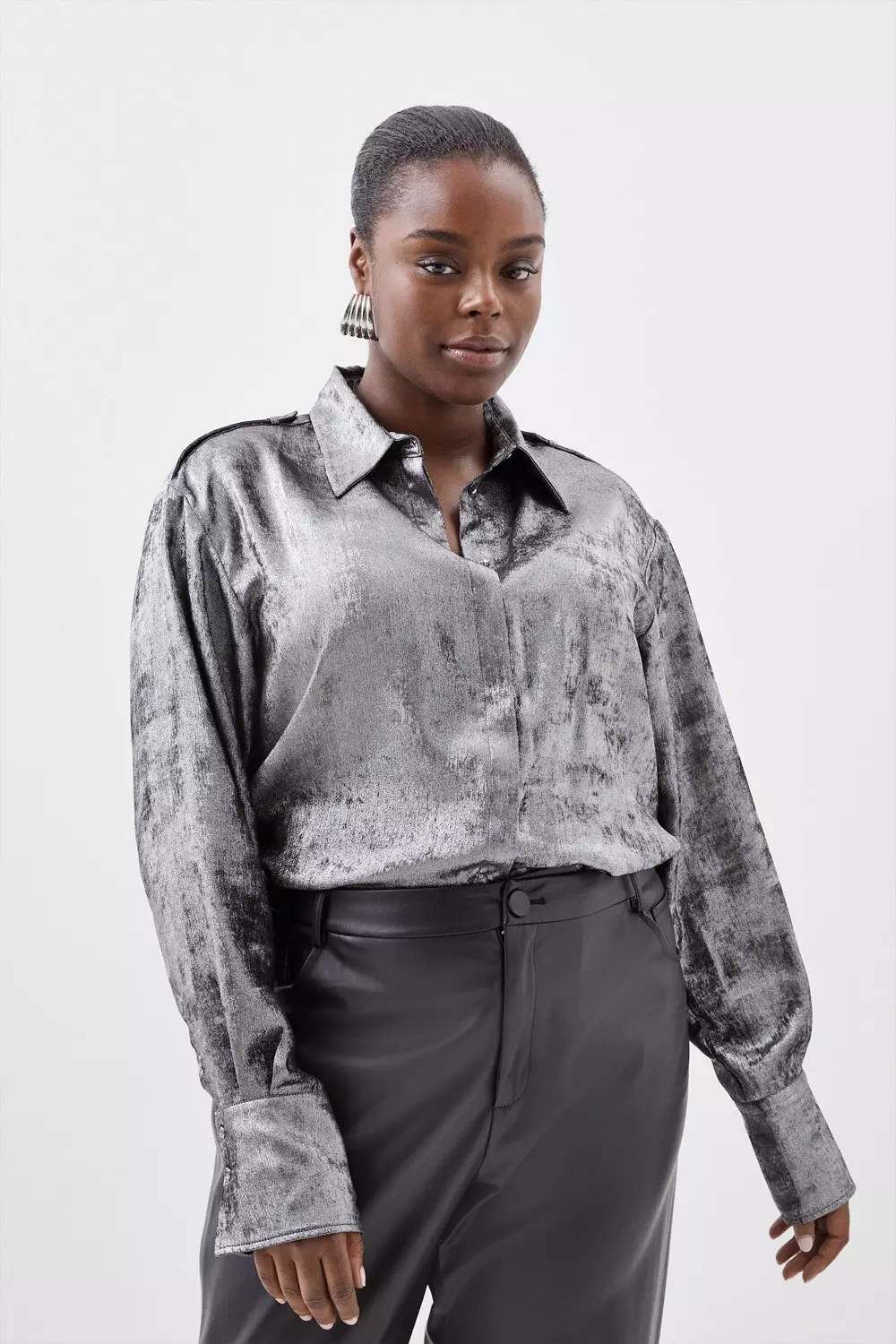 Plus Size Metallic Long Sleeve Collared Woven Shirt | Karen