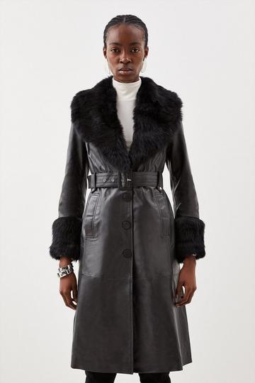 Petite Shearling Cuff And Collar Leather Coat black