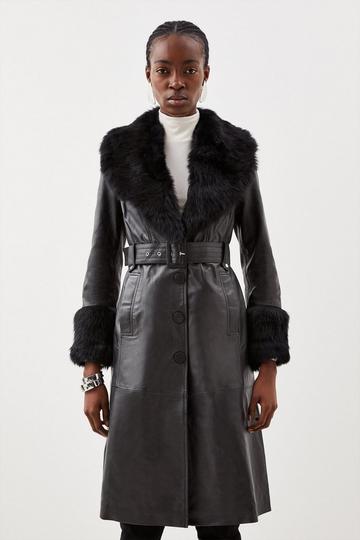 Shearling Cuff And Collar Leather Coat black