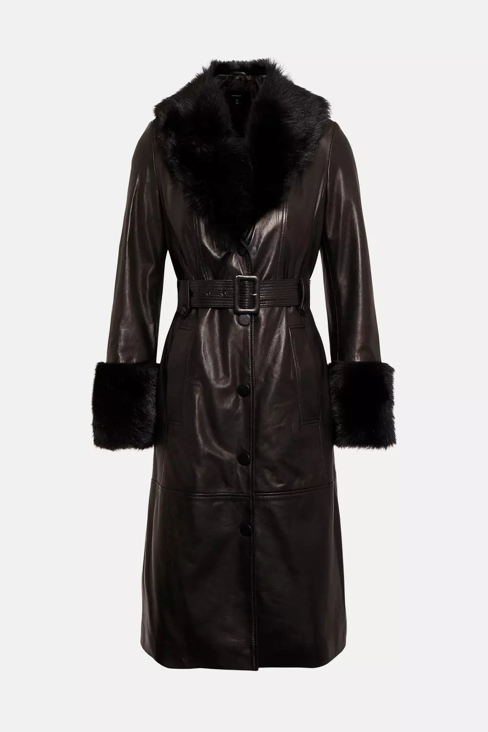 Creenstone Womens Coat 38 good Black Wool Faux Patent Leather Sleeves Buckle Cuffs