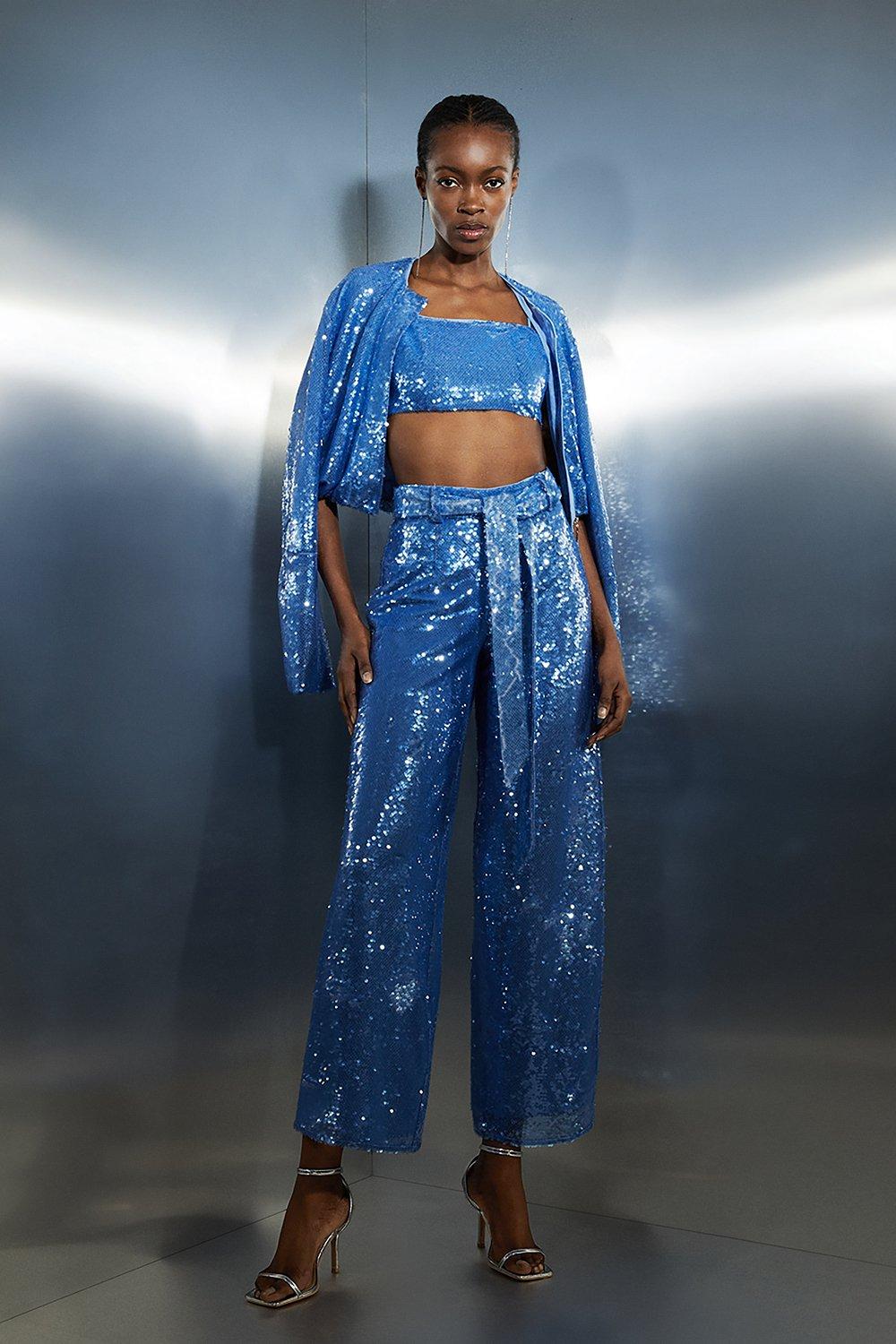 Blue Sequin High Waisted Belted Woven Trouser