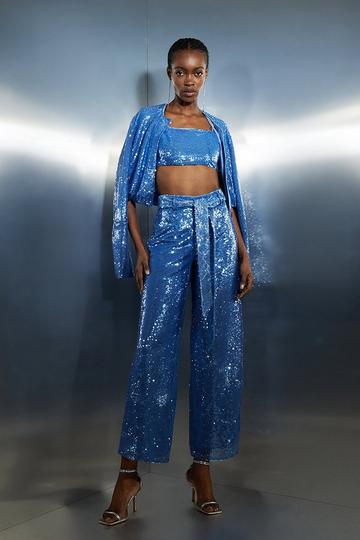 Blue Sequin High Waisted Belted Woven Pants blue