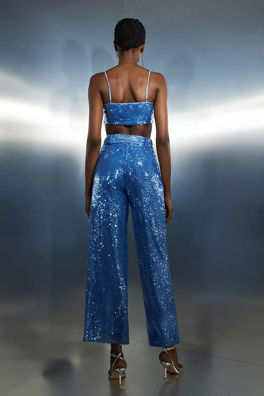 Blue Sequin High Waisted Belted Woven Pants | Karen Millen