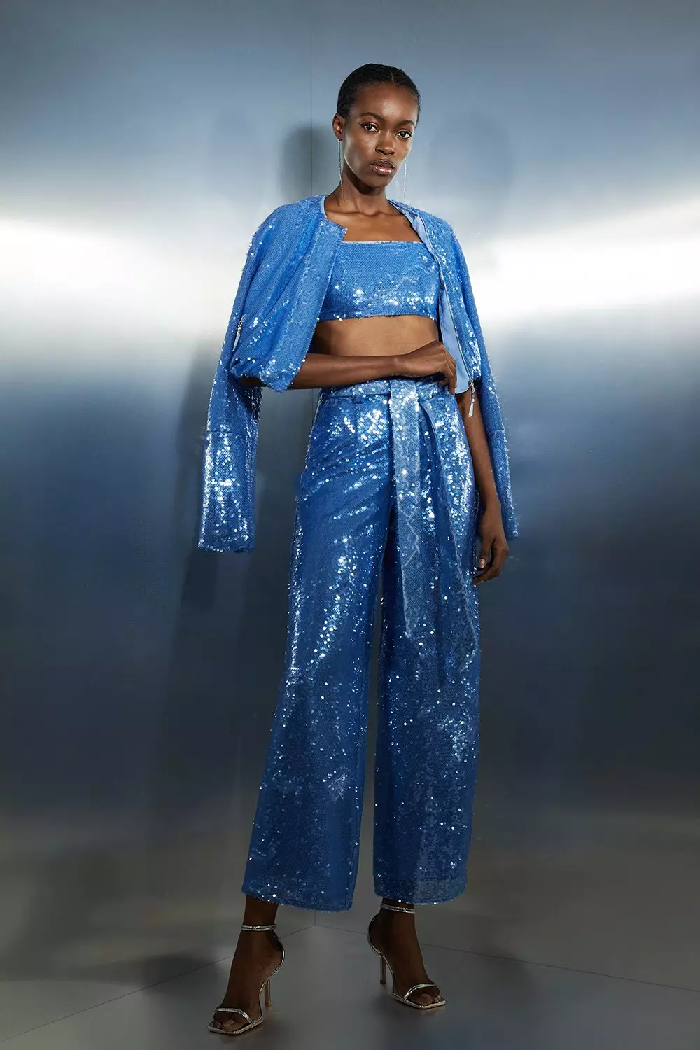Blue Sequin Woven Strappy Top | Karen Millen