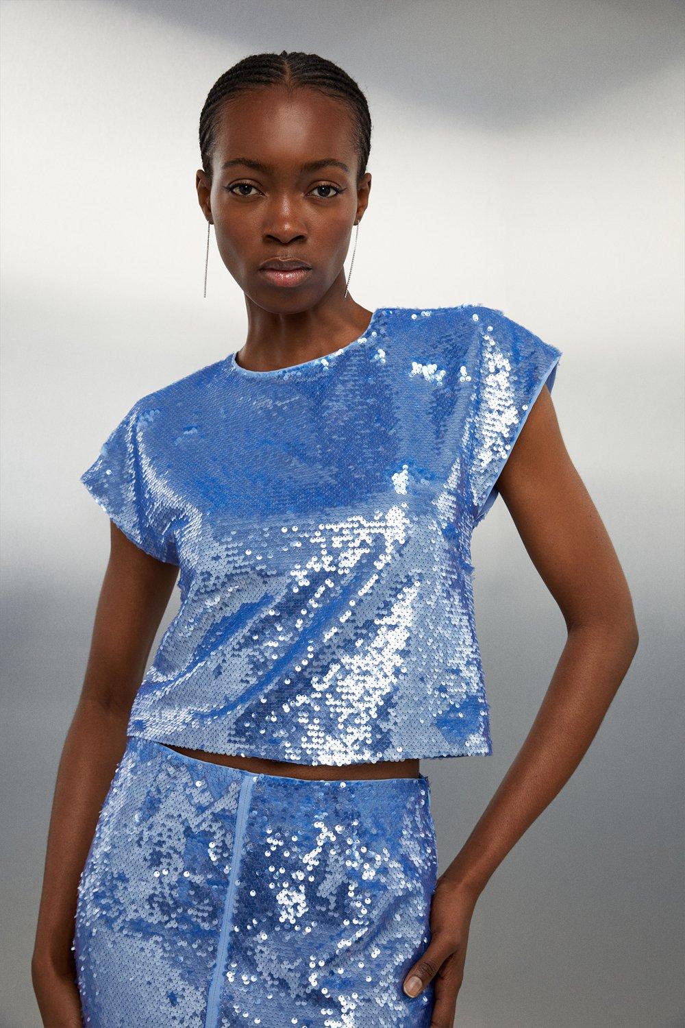 Blue Sequin Woven Boxy Top Karen Millen