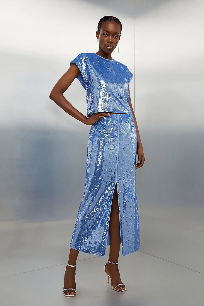 Blue Sequin Woven Boxy Top | Karen Millen Blue Sequin Woven Boxy Top | Karen Millen