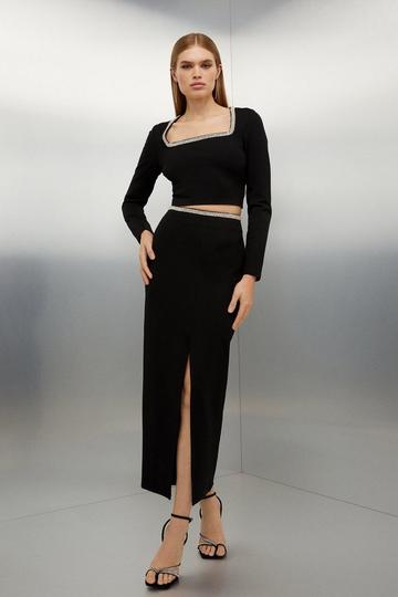 Black Diamante Embellished Ponte Skirt And Top Set