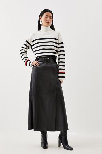 Leather High Waist Belted Maxi Skirt black