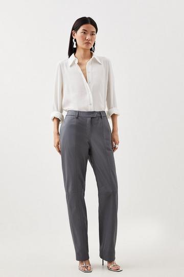 Grey Leather Straight Leg Trousers