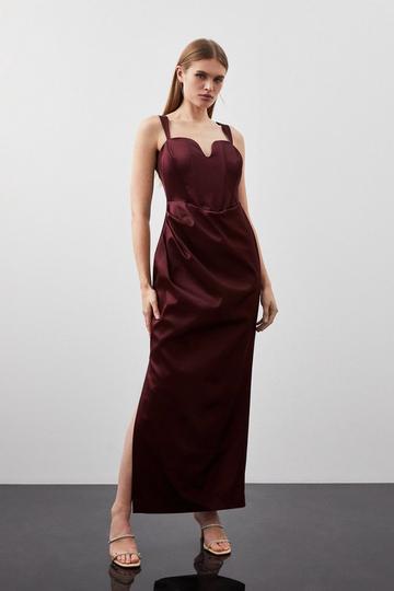 Tailored Italian Satin Corset Detail Sleeveless Maxi Dress merlot