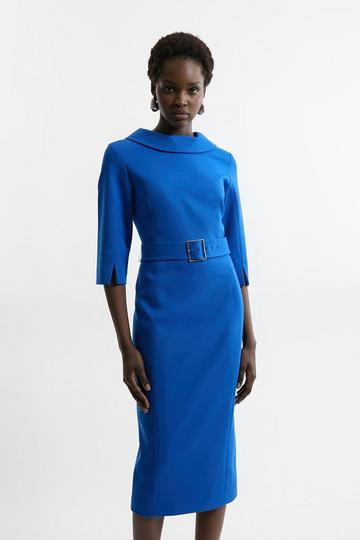 Tailored Structured Crepe Roll Neck Belted Midi Dress cobalt