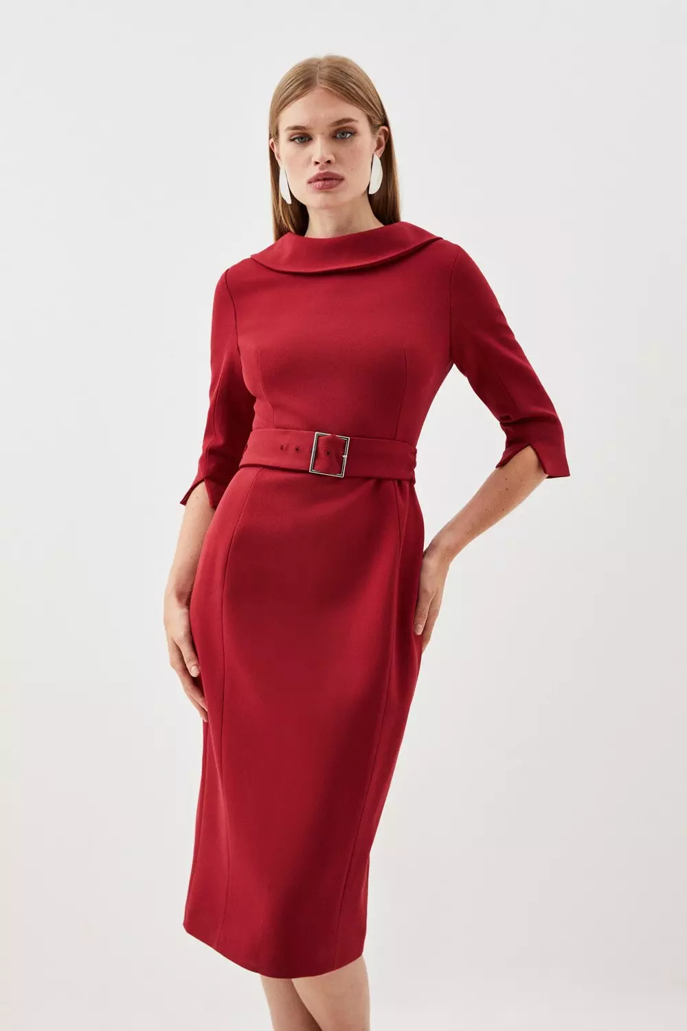 Dark red Tailored Structured Crepe Turtleneck Belted Midi Dress alternative image
