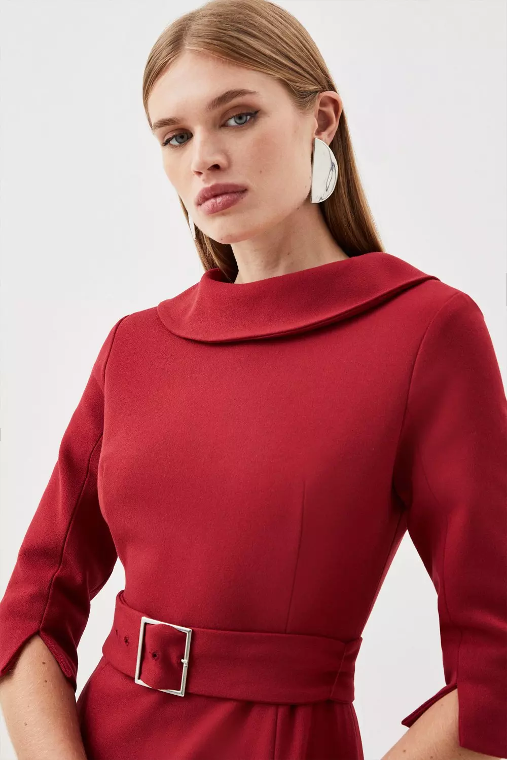Dark red Tailored Structured Crepe Turtleneck Belted Midi Dress alternative image