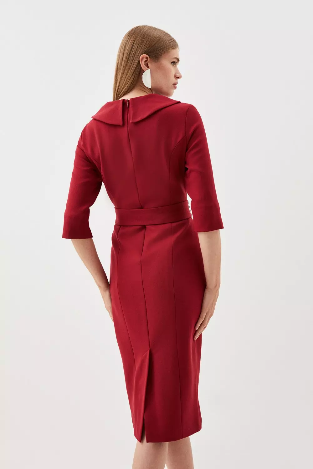 Dark red Tailored Structured Crepe Turtleneck Belted Midi Dress alternative image