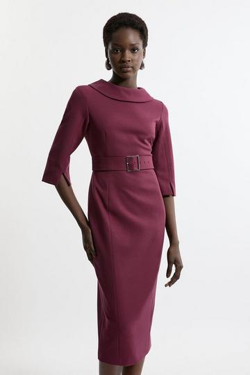 Tailored Structured Crepe Roll Neck Belted Midi Dress merlot