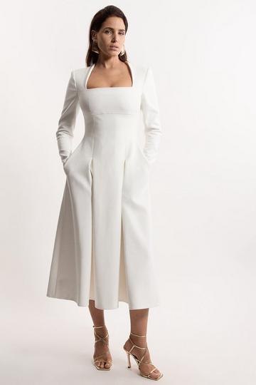 Clean Tailored Sweetheart Neckline Midi Dress ivory