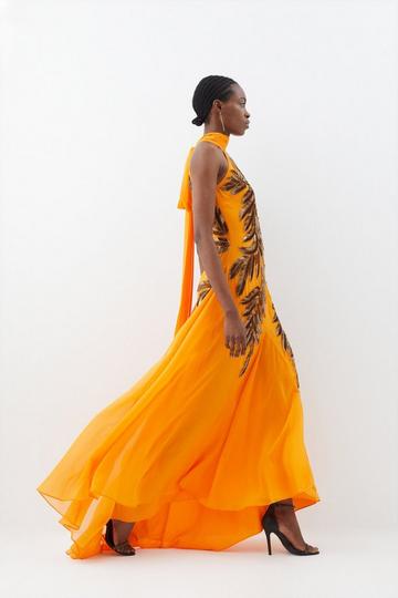 Petite Halter Neck Feather Sequin Detail Woven Maxi Dress orange