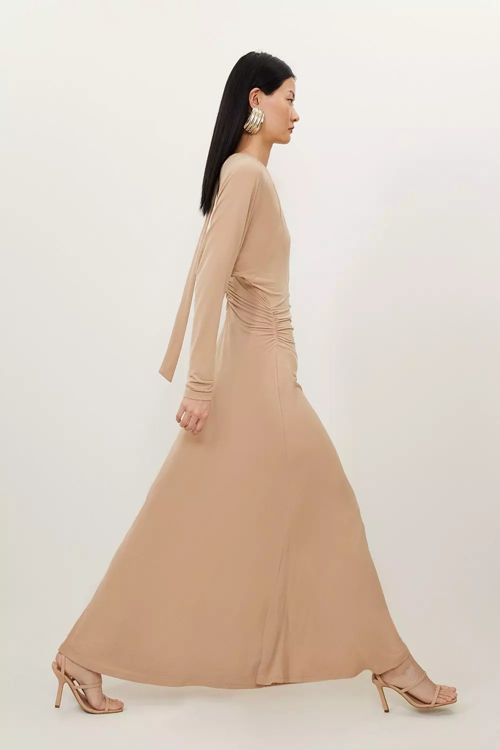 KAREN MILLEN シャツドレス バットウィングスリーブ 襟 Ｖネック Stripe Cotton Woven Sleeveless Shirt Maxi Dress With Rosette