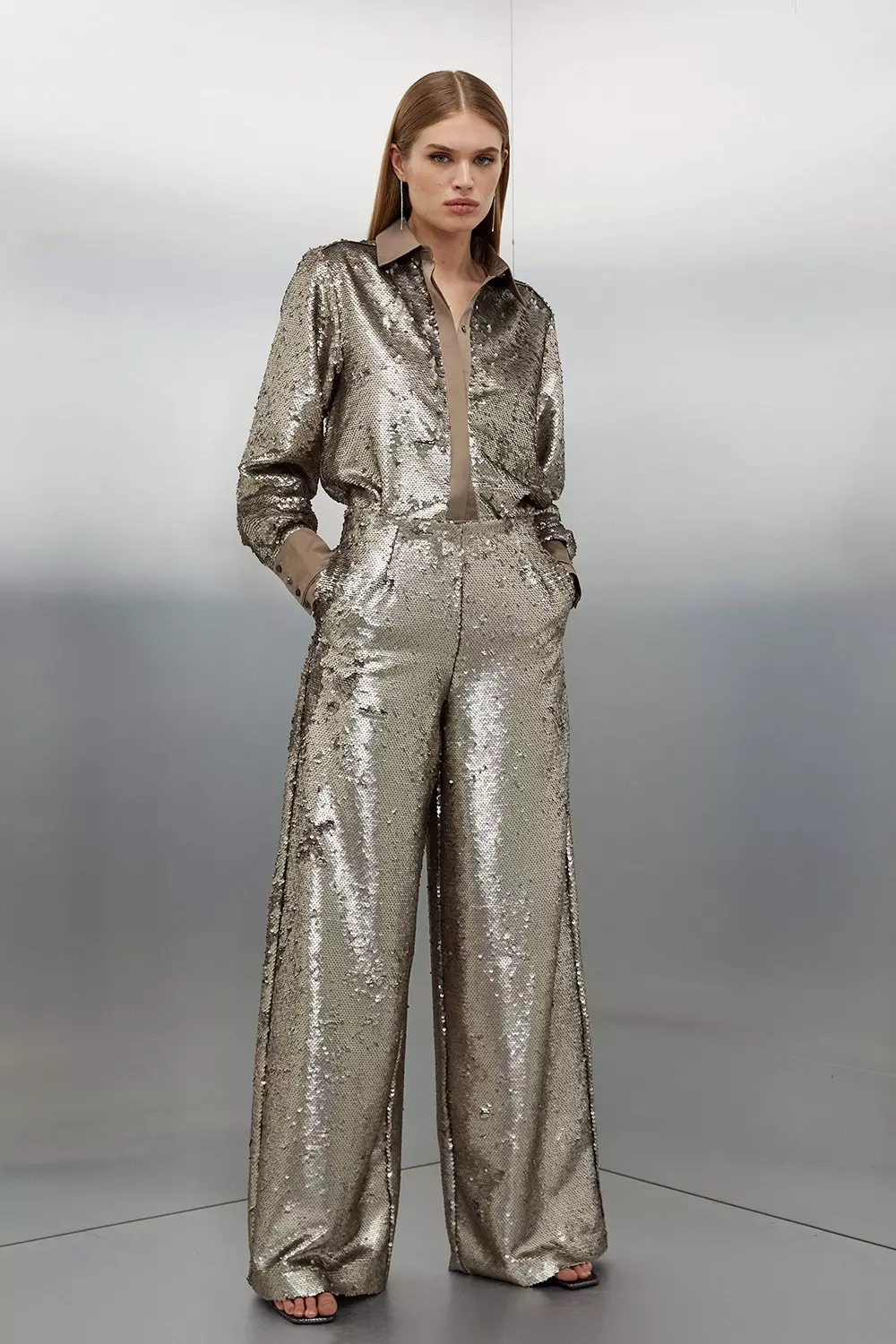 Sequin Woven Wide Leg Trousers Karen Millen