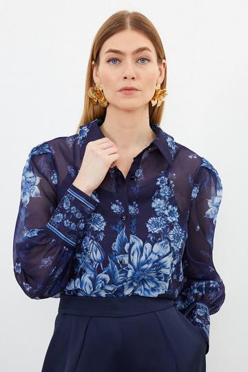 Organdie Floral Placement Print Woven Tie Blouse navy