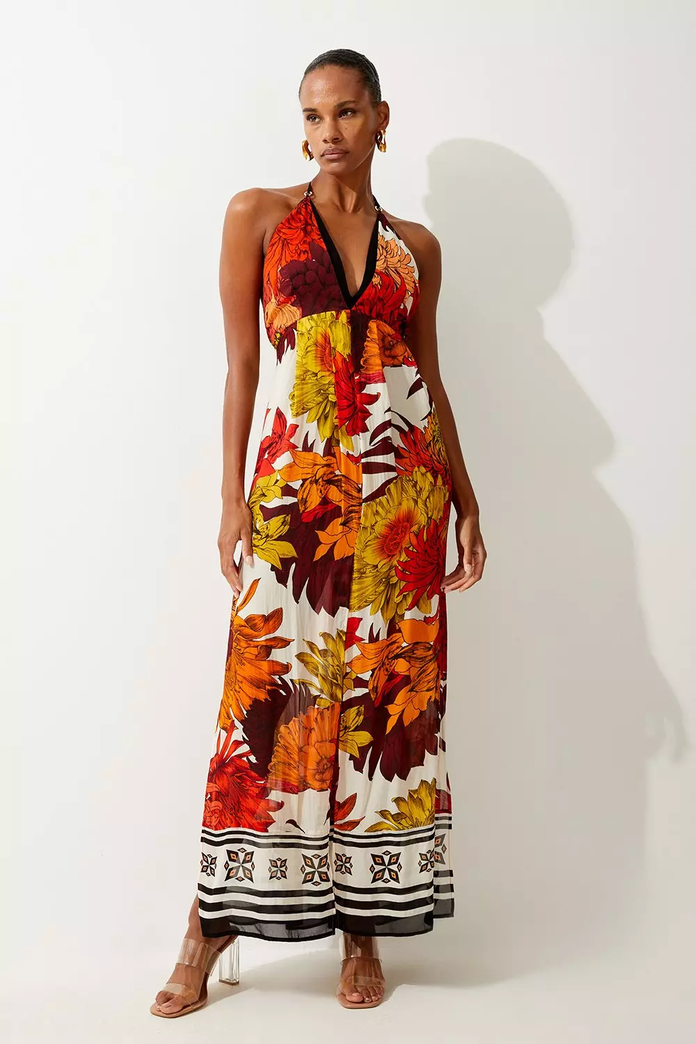 Viscose Georgette Border Print Halterneck Maxi Beach Dress