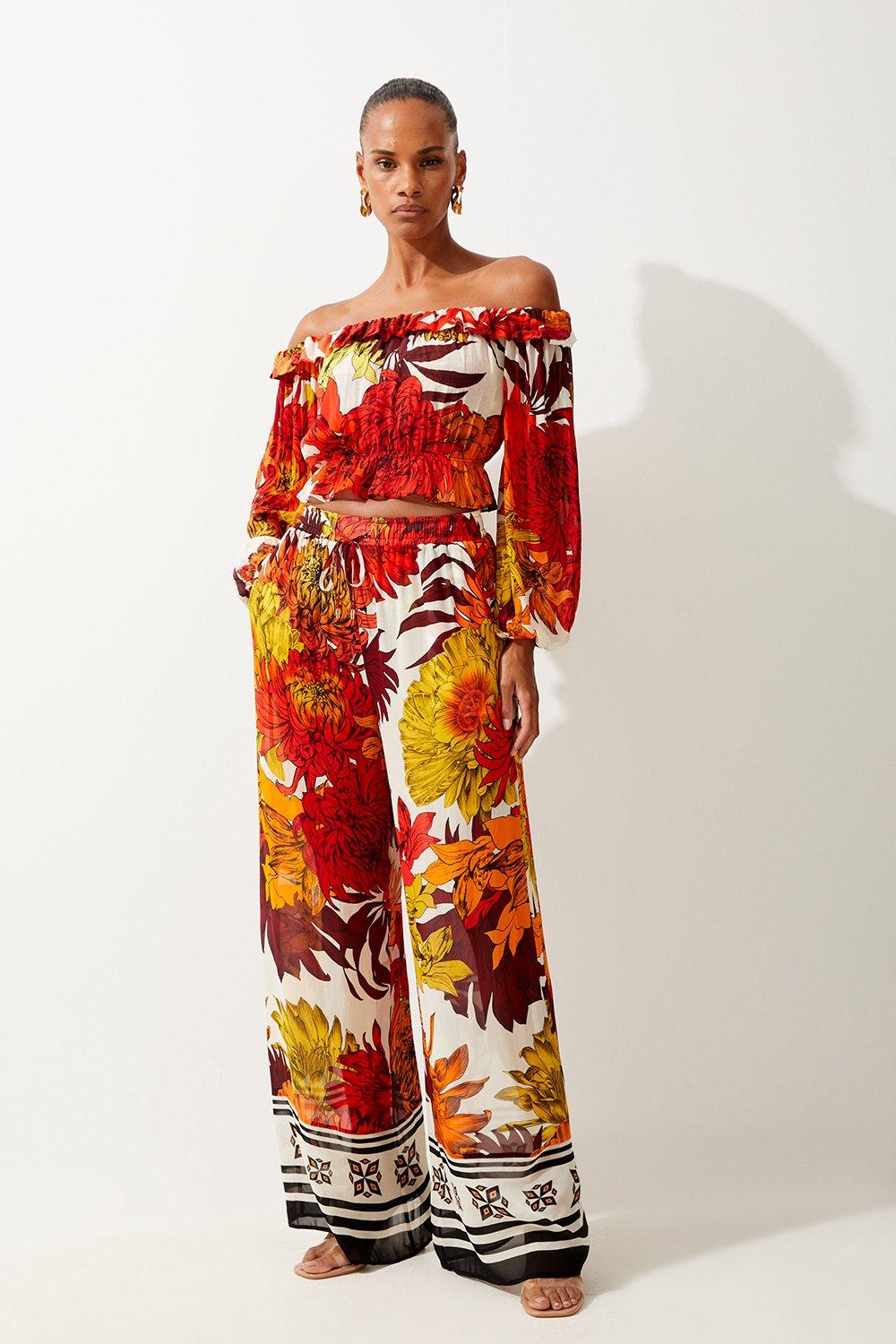 Orange Viscose Georgette Border Print Beach Wide Leg Pants