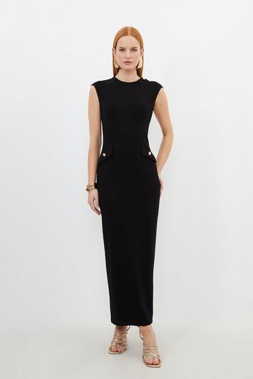 Black Ponte Structured Pencil Midi Dress