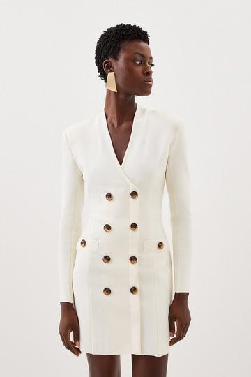 Cream White Figure Form Bandage Blazer Style Knit Mini Dress