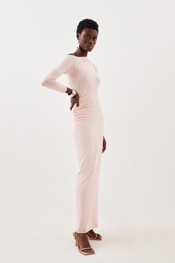 Viscose Blend Asymmetric Ruched Knit Maxi Dress soft pink