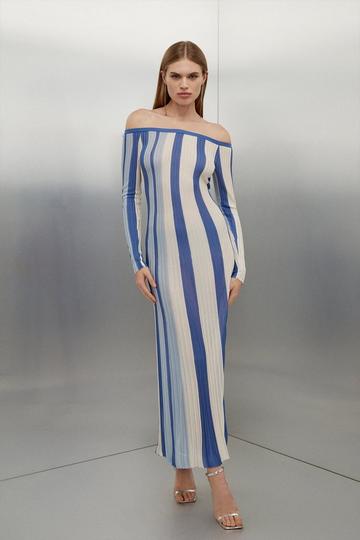 Tall Viscose Slinky Slash Neck Striped Knit Midaxi Dress blue