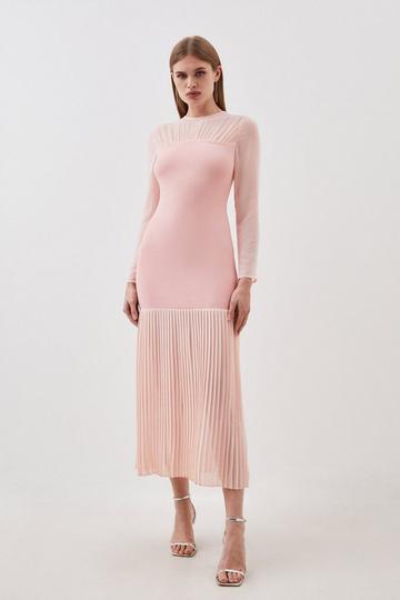 Blush Pink Figure Form Woven Bandage Knit Mix Dress