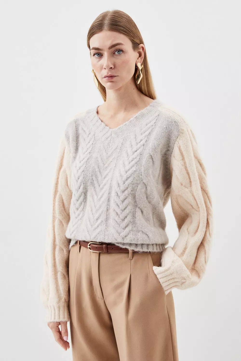 Wool Blend Mohair Look Cable Color Blocked Knit Sweater | Karen Millen